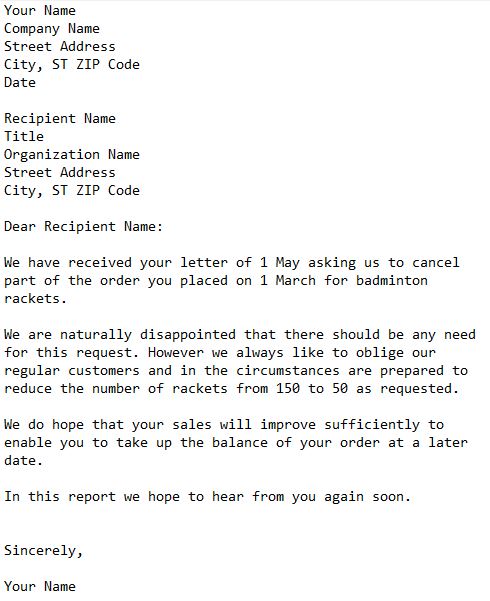 reply letter from supplier agree to cancel order