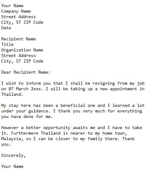 Resignation letter sample malaysia
