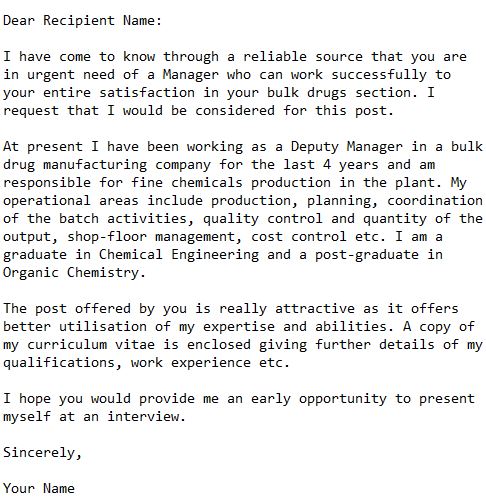 application for the post of manager bulk drugs