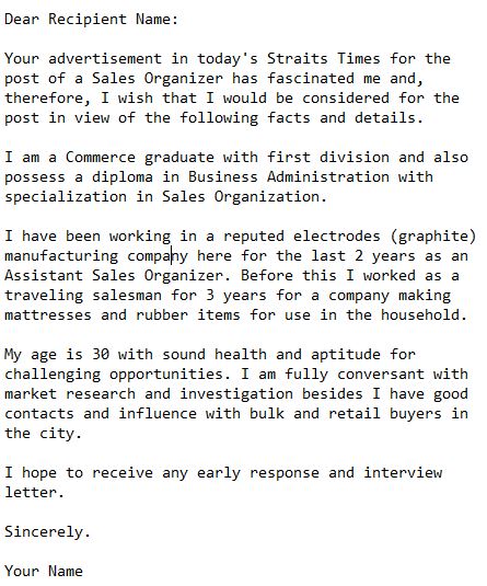 application letter for the post of a sales organizer