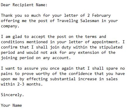 letter accepting the employment for the post of traveling salesman