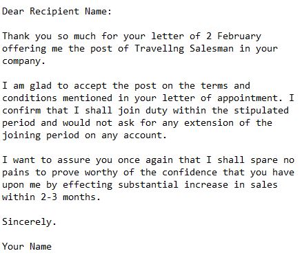 letter accepting the employment for the post of traveling salesman