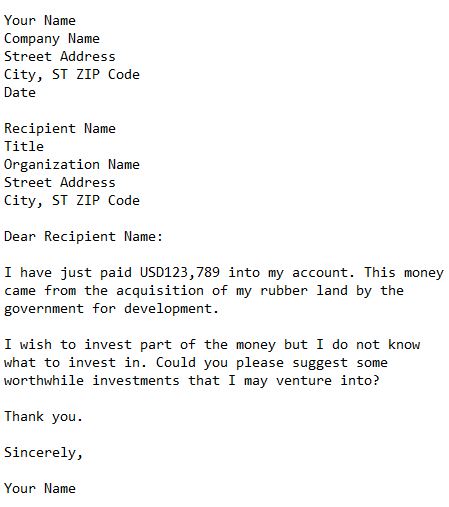 letter asking bank for advice on investment