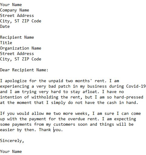 letter asking for more time to pay rent due to Covid