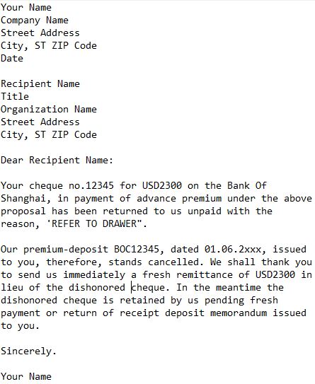 letter from insurance company to customer for dishonoured cheque