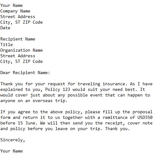 letter reply to customer on traveling insurance quotation