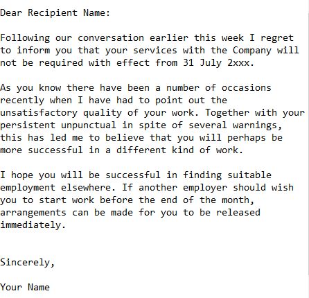 termination letter to employee for poor performance