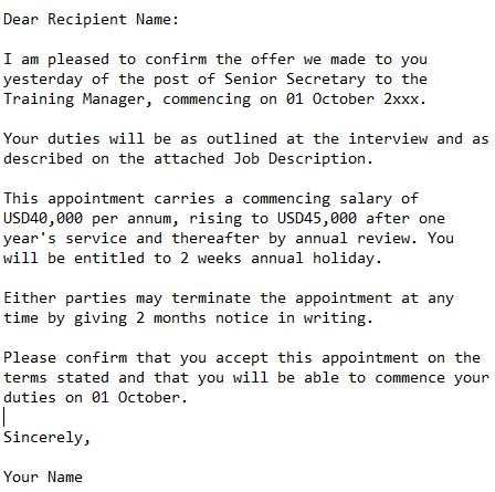 employment offer letter for the post of senior secretary