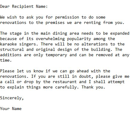 letter asking landlord for permission to renovate premises