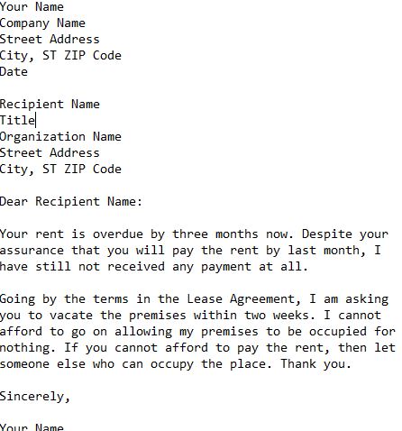 letter giving notice to tenant to vacate premises