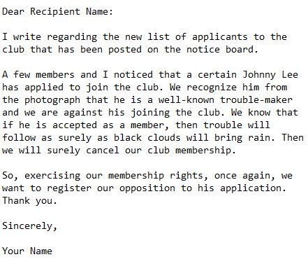 letter opposing someone for membership application