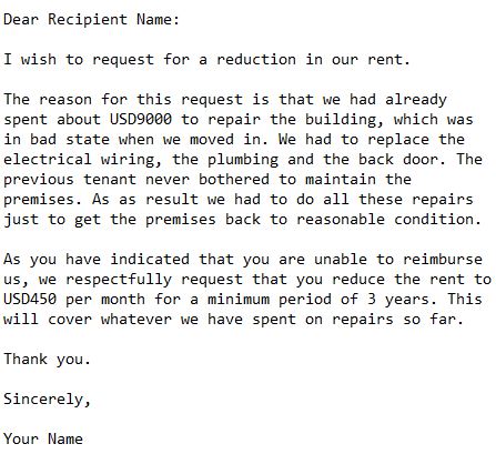 letter to landlord to request for reduction of rent