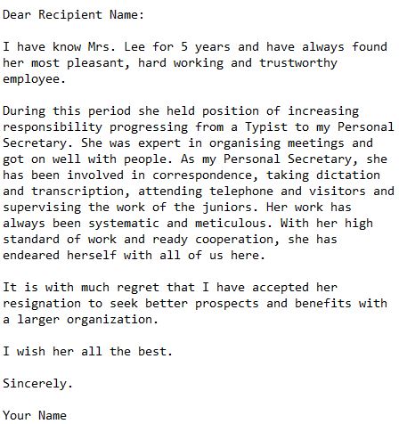 testimonial for the position of personal secretary