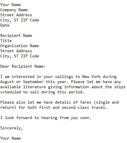 letter of enquiry concerning sea journey
