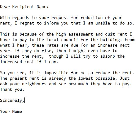 letter to tenant refusing to reduce rent