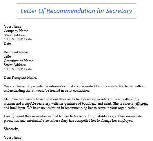 letter of recommendation for secretary