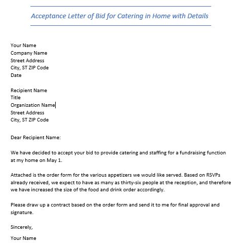 acceptance letter of bid for catering in home with details