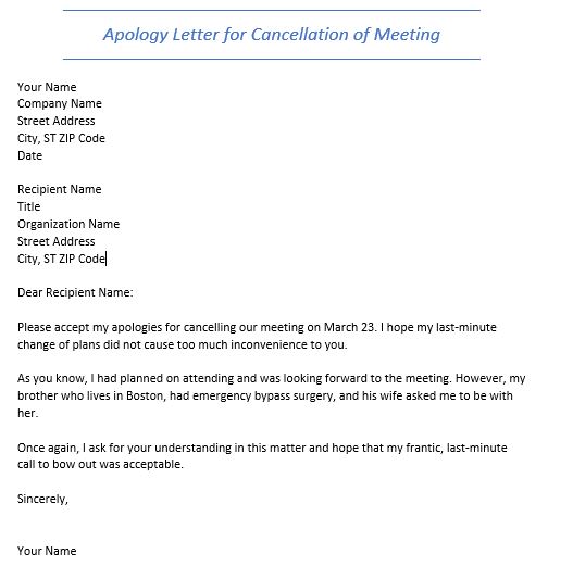 apology letter for cancellation of meeting