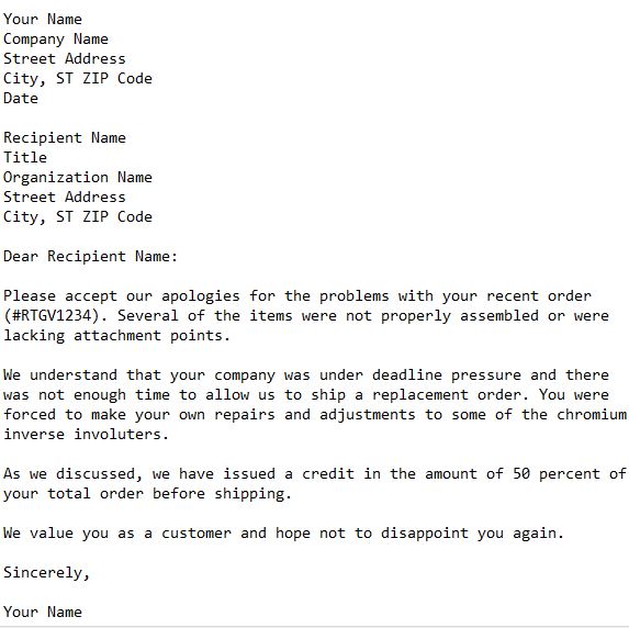 apology letter for damaged goods with partial credit issued