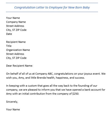 congratulation letter to employee for new born baby