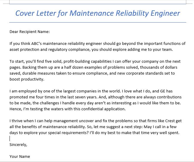 cover letter for maintenance reliability engineer