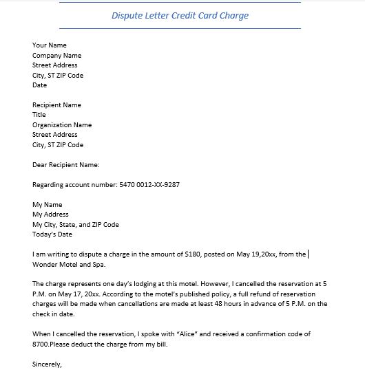 dispute letter credit card charge