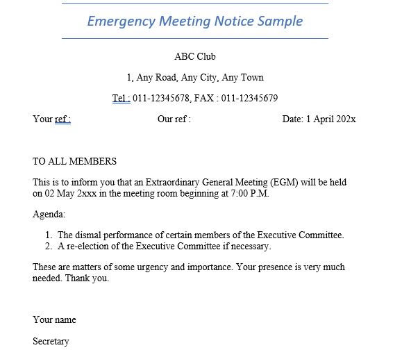emergency meeting notice sample