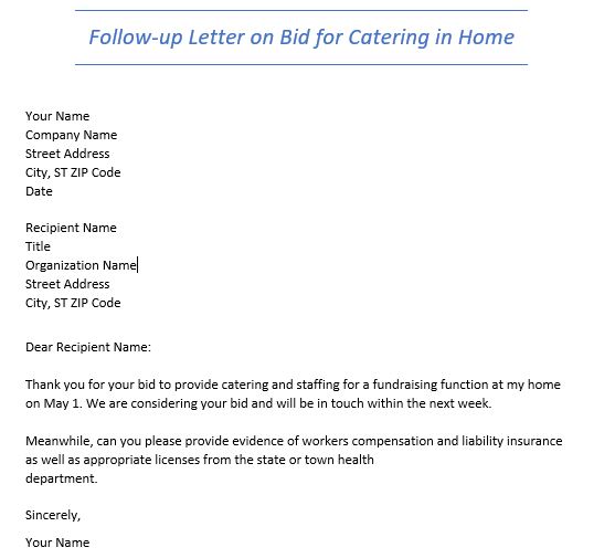 follow-up letter on bid for catering in home