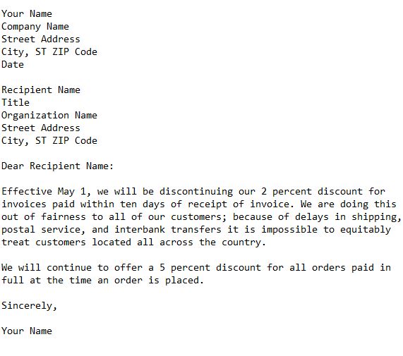 letter announcing suspension of early payment discount