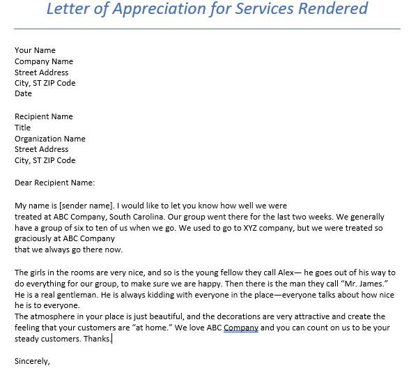 letter of appreciation for services rendered