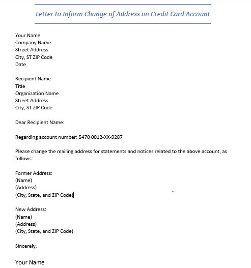 letter to inform change of address on credit card account