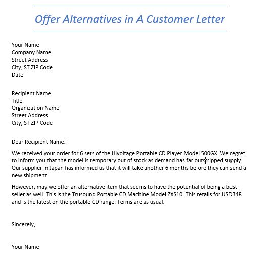 offer alternatives in a customer letter