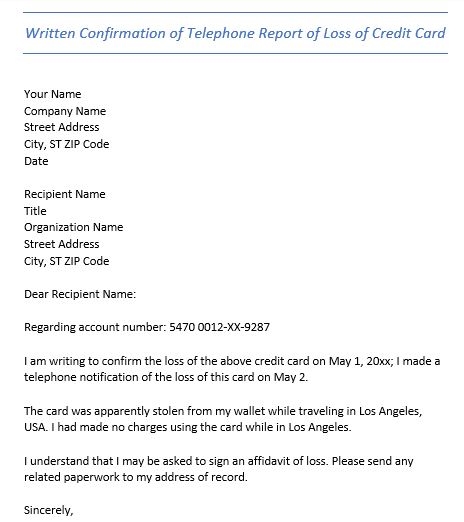 written confirmation of telephone report of loss of credit card