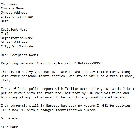 letter notify loss of state issued identification card