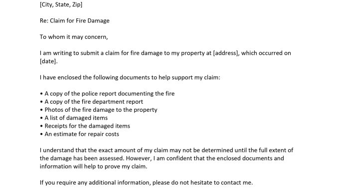 Fire Insurance Claim Letter