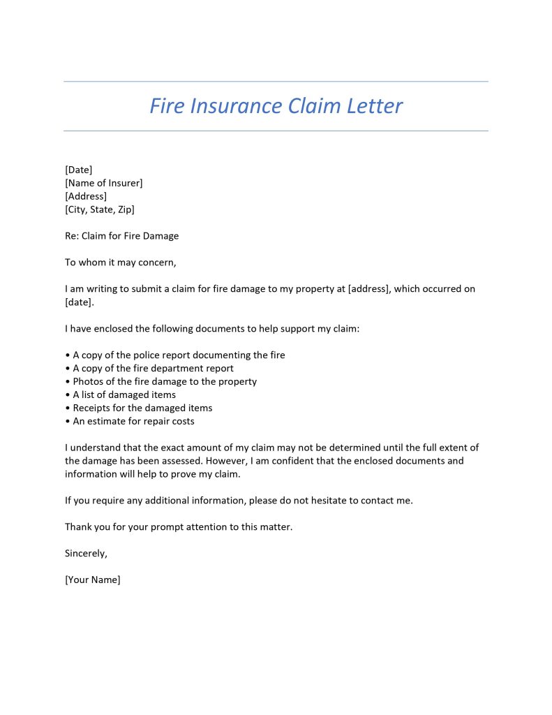 Fire Insurance Claim Letter