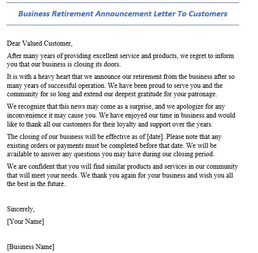 business retirement announcement letter to customers
