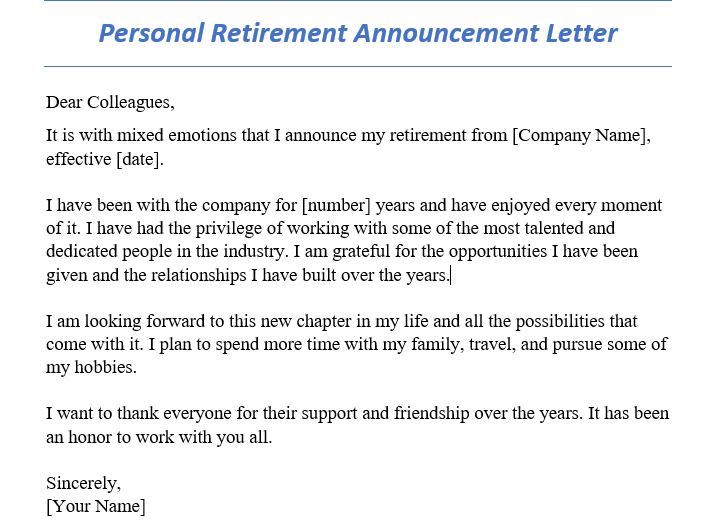 personal retirement announcement letter