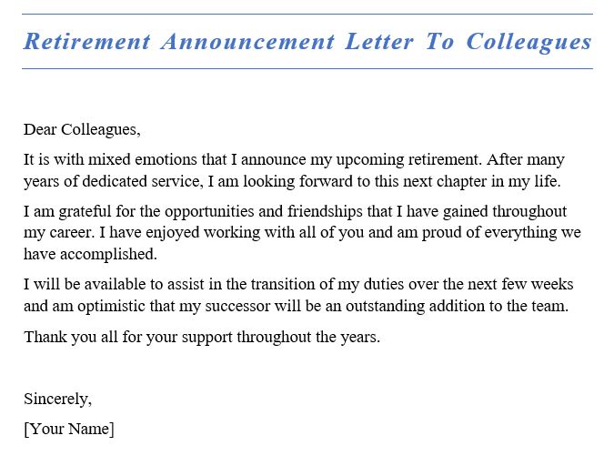 retirement announcement letter to colleagues